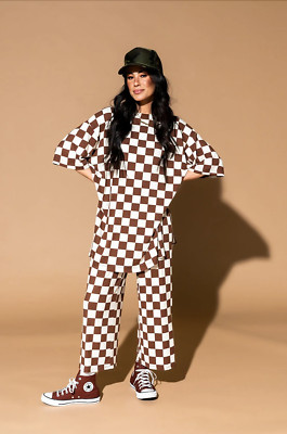 Dressed In Lala Lex Playsuit In Cookie Dough Mocha + Ivory Checker Size S