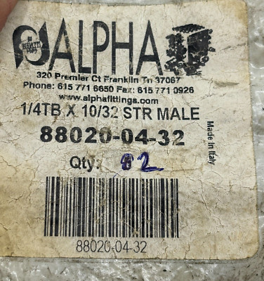 ALPHA 88020-04-32 1/4 TB X 10/32 STRAIGHT MALE CONNECTOR FITTING NEW PACK OF 2  
