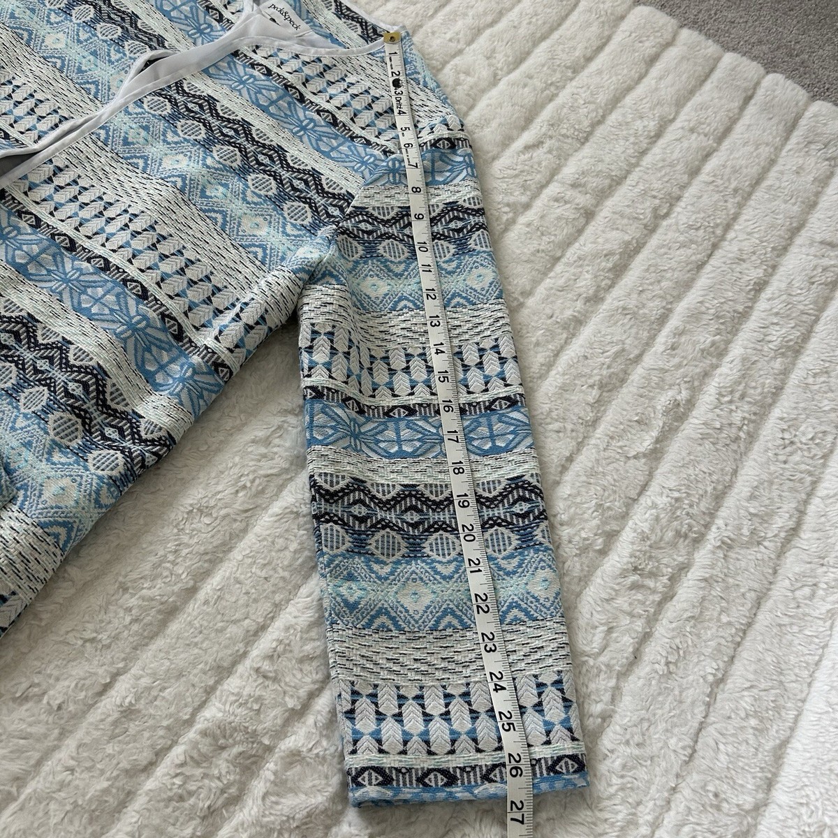 Peck & Peck Embroidered Fringe Open Front Jacket Blazer Blue White