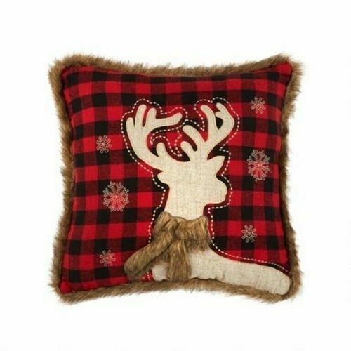 Christmas Reindeer Throw Pillow Red Black Buffalo Check 18x18" Faux Fur Square - Picture 5 of 12