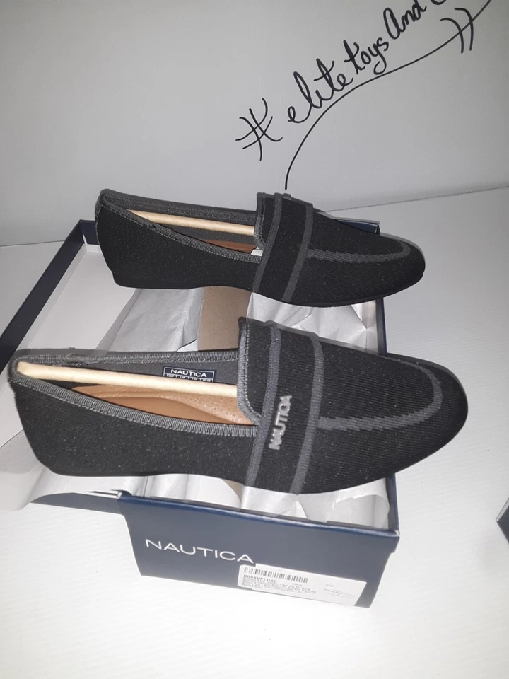 Zapatos Nautica Mujer Talla 8.5 Negro Idi Mocasines Sin Cordones Planos Tela Informal #00h Foto 4 de 4