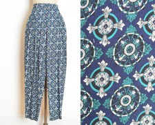 vintage 90s pants navy blue knit scarf print high waisted tapered baroque S M