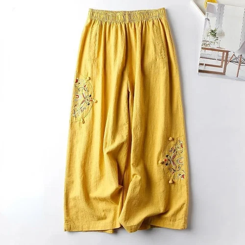 Retro Damen Stickerei Knöchelhose Gummibund weites Bein Hose Freizeit locker - Bild 15 von 27