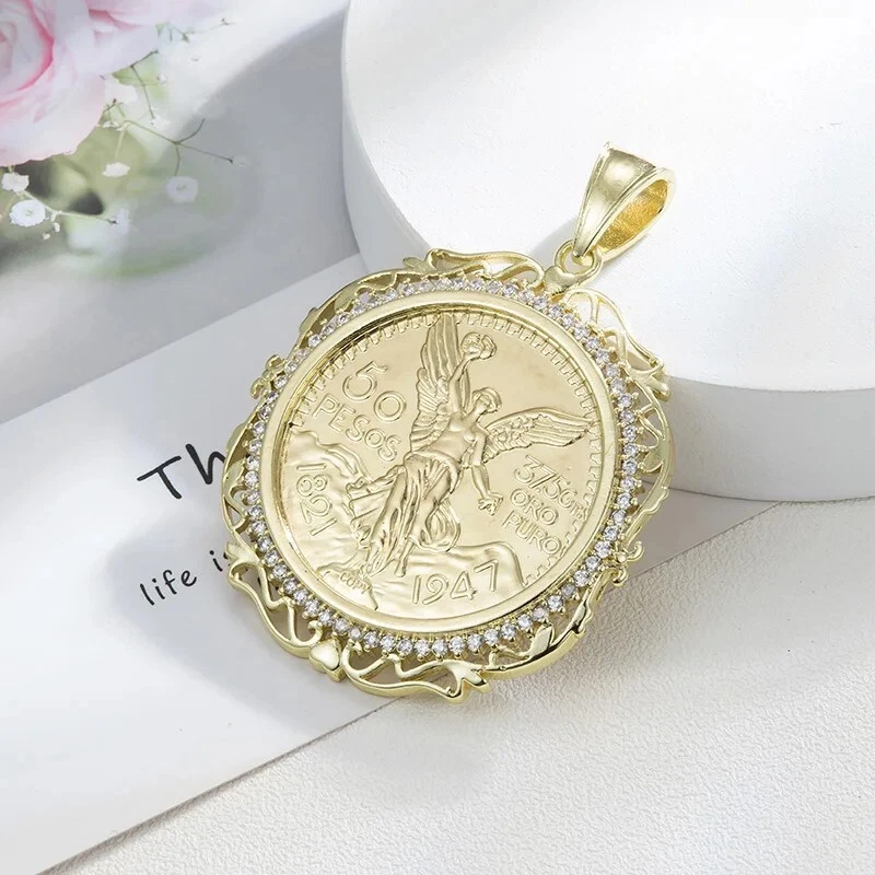 Colgante Medalla Estilo Joyería Chapado en Oro 14K Centenario Moneda 50 Pesos Circonita Foto 4 de 4