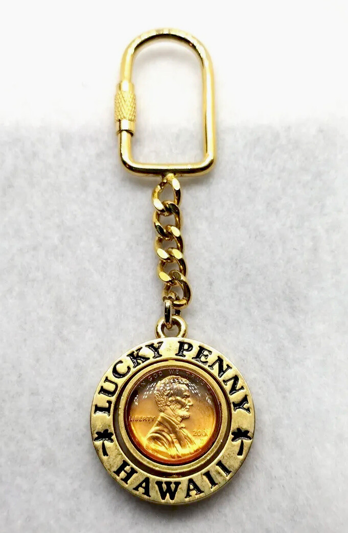 Hawaii Lucky Penny Spinner Keychain Brass Carabiner Heads or Tails Souvenir 1.5 Inch