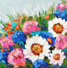 Original Oil painting Daisies Peony and Hydrangea Bouquet of Flowers 25x25cm