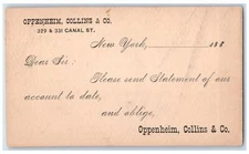 1887 Statement of Date Oppenheim Collins & Co. New York City NY Postal Card