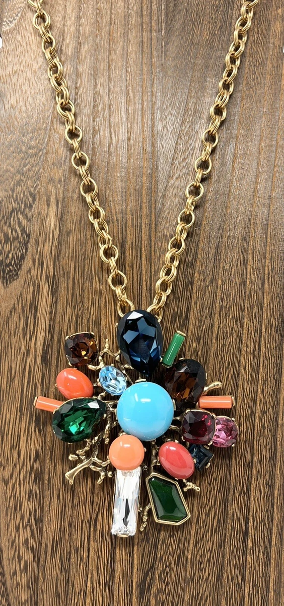 Oscar de la Renta Multi Color Pendant With Gold Tone Necklace Brooch