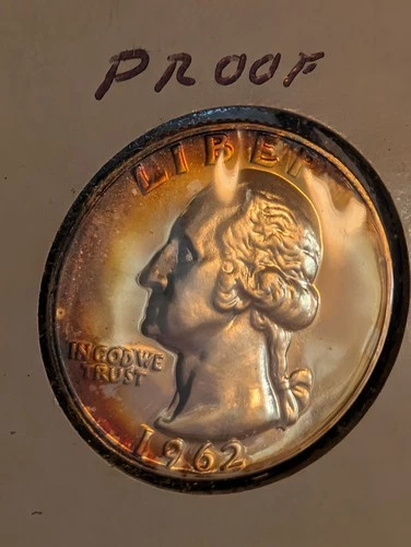 1962 GEM PROOF  SILVER WASHINGTON QUARTER Gold Toning on the obverse