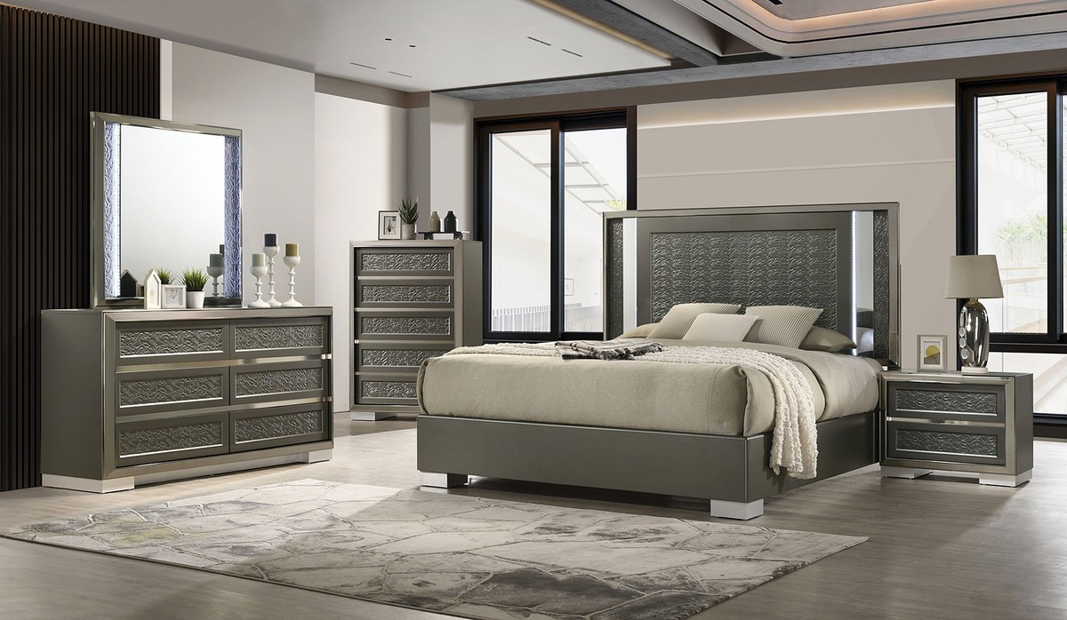 Queen Size 6pc Bed Dresser Mirror Nightstand Chest Set Dark Gray Finish
