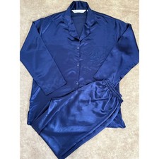Victorias Secret Satin Pajama Set Navy Blue Embroidered Rose Button Up Medium