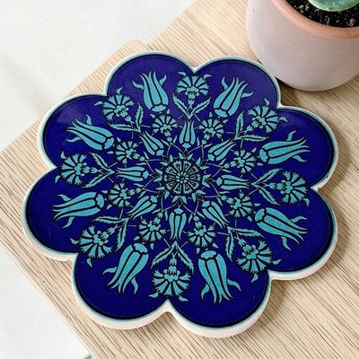 Vtg Ceramic Tile Trivet Made In Turkey Cobalt Blue Aqua 7  Round Flower
