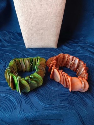  2 Abalone Mother of Pearl Shell Half Moon  Green & Orange Stretch Bracelets