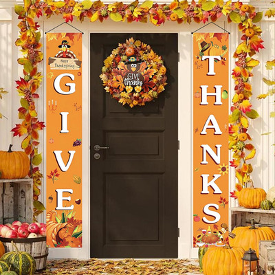 Thanksgiving Decorations   GIVE THANKS Banner Porch Sign Autumn Pumpkin Maple Le