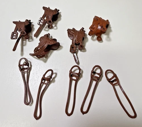 Vintage 1950-60s Marx Western Play Set Vinyl 54mm-60mm Horse Saddles & Reins X 6