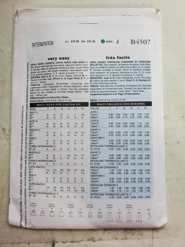 Butterick Pattern B4507 Girls Skirt Shorts Capri Sash Easy Childs 12 14 16 UNCUT - Image 3 of 4