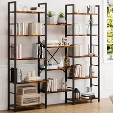 Triple Column 5 Tier Bookshelf, Industrial Large Bookcase with 14 Open Displa...