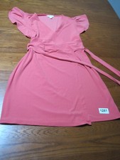 Nine West Womens Pink Faux Wrap Dress Flutter Sleeve Tie belt Size L Fit & Flare