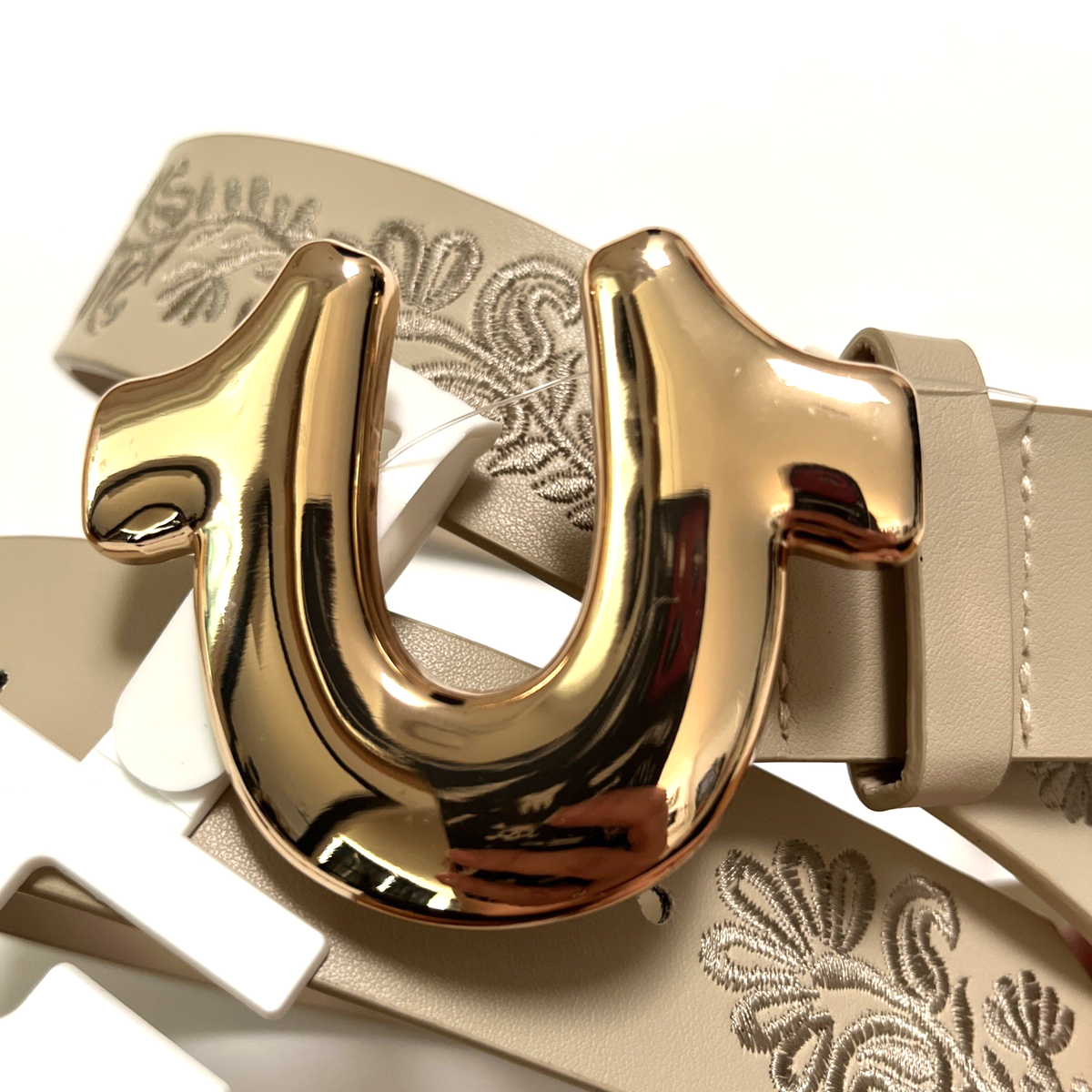 True Religion Embroidered Beige Belt Rose Gold Buckle Boho True Religion Embroidered Beige Belt Rose Gold Buckle L/XL  main image 2