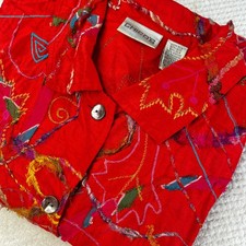 Chicos Red Silk Blend Embroidered Applique Button Front Jacket Womens Size 2