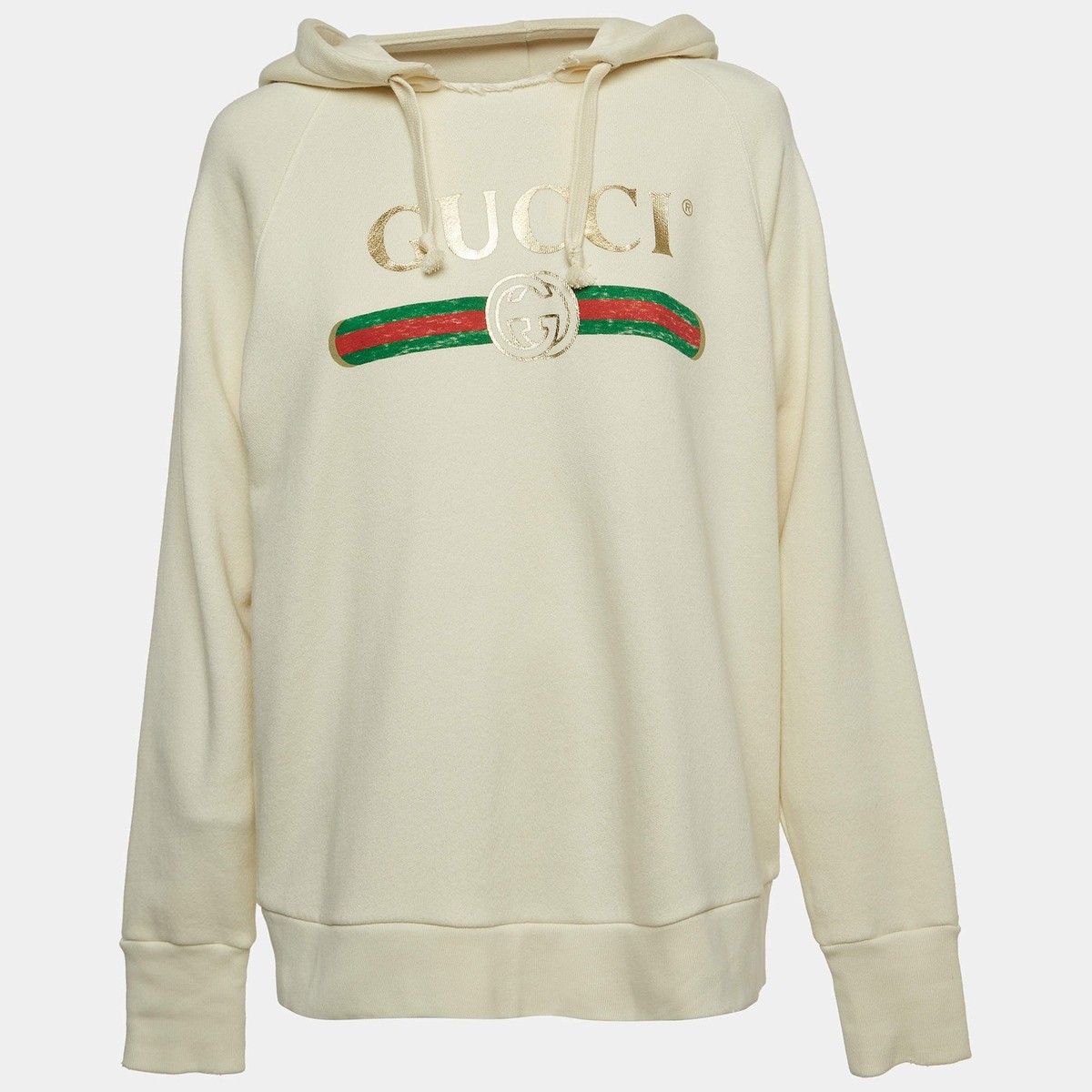 GUCCI ロゴ入り クリーム色 パーカー Gucci Cream Logo Print Embroidered Cotton Knit Hoodie XS | eBay