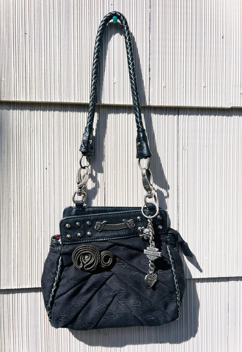 Vintage Harley Davidson Women's Black Cotton Leather Studded Mini