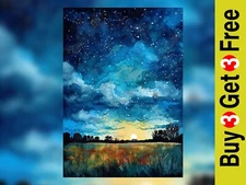 Ethereal Starry Sunset Field Watercolor Art Print 5"x7" Matte Paper