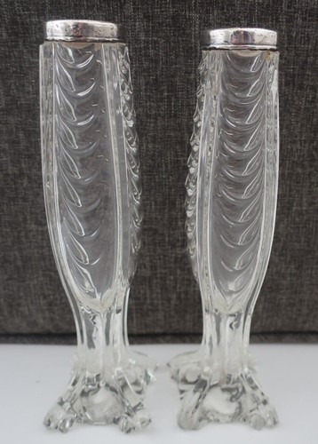 2 antique 1912 Edwardian HENRY PERKINS clear glass VASES sterling silver rims