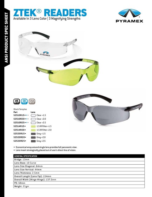 Gafas De Seguridad Con Lupa Pyramex Ztek - Bifocales Transparentes, +2.50, Antirayaduras Y Antivaho