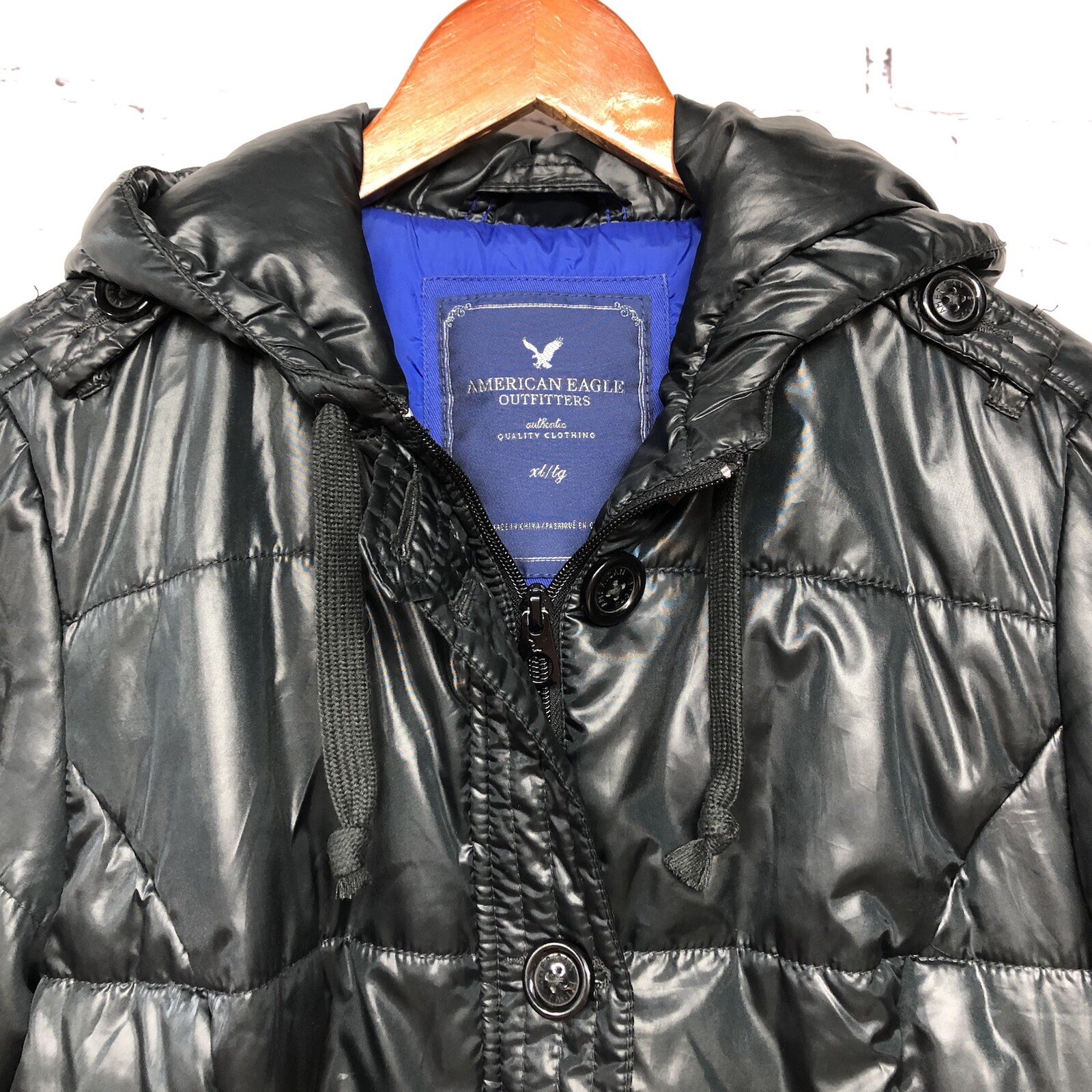 Womens American Eagle Black Button Zip Hooded Puf… - image 11