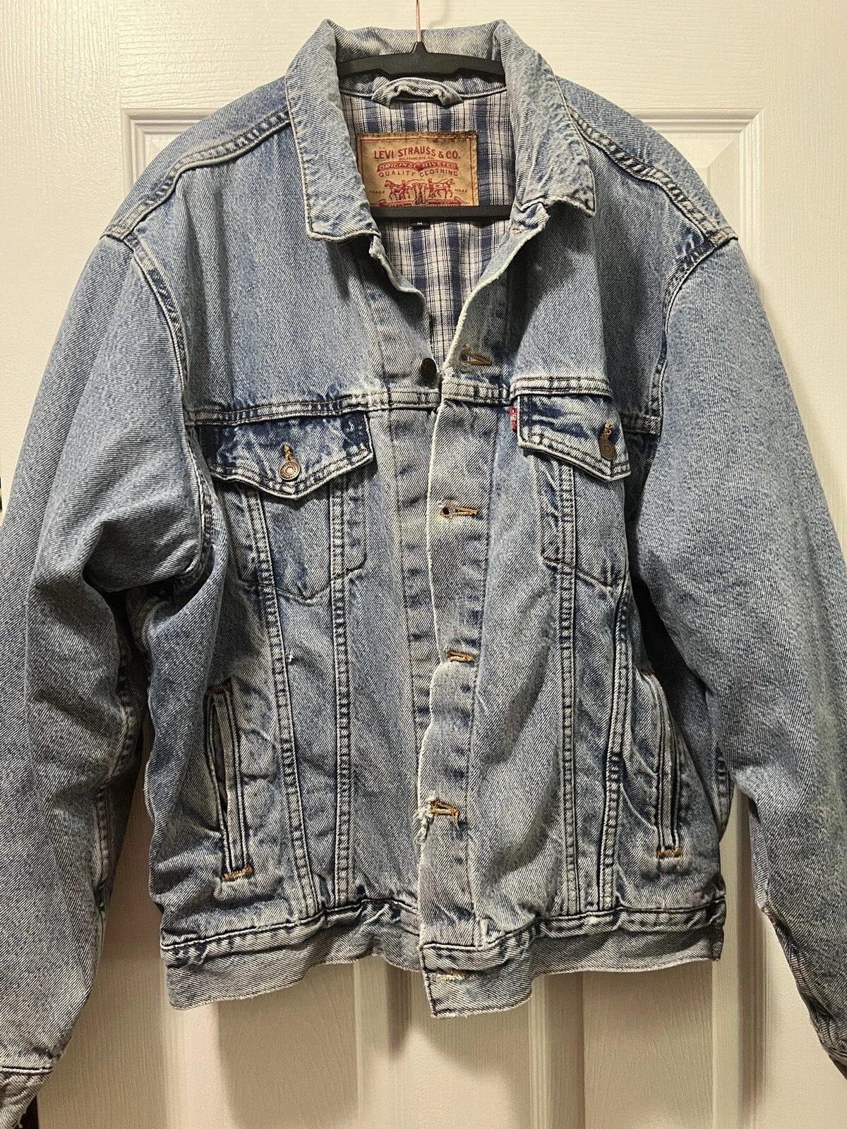 Levis Y2K trucker jacket blue gray plaid lined blue Denim Sz M