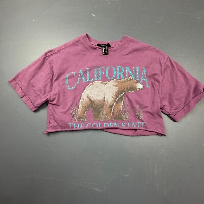 Forever 21 California Bear Crop Top Women s Small Purple Graphic Short Sleeve
