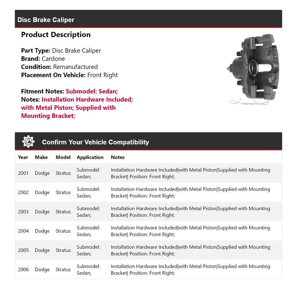 Pinza de freno de disco delantera derecha Cardone 2002 para Dodge Stratus 2001-2006 sedán Foto 2 de 4