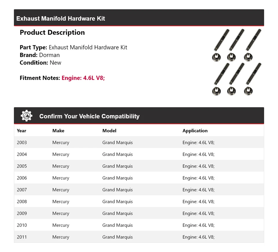 Kit de herrajes colector de escape Dorman V8 4,6 L Mercury Grand Marquis 2003-2011 Foto 2 de 4