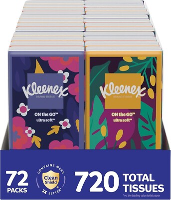 Kleenex On-The-Go Facial Tissues, 72 Packs (3 Trays of 24 Packs) (720 Total)