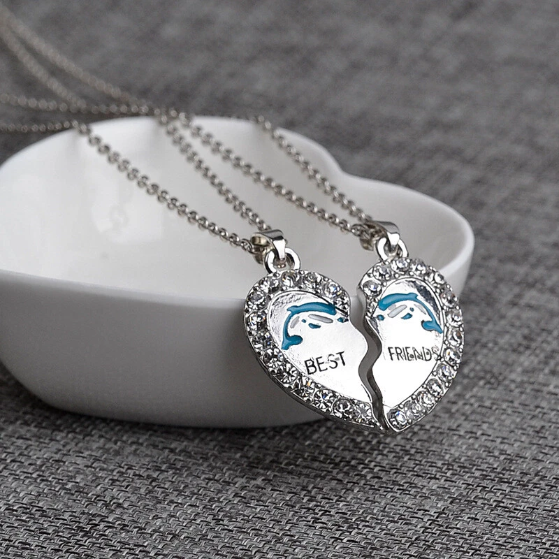 New Best Friend Necklace Dolphin Heart Silver Tone 2pcs set BFF