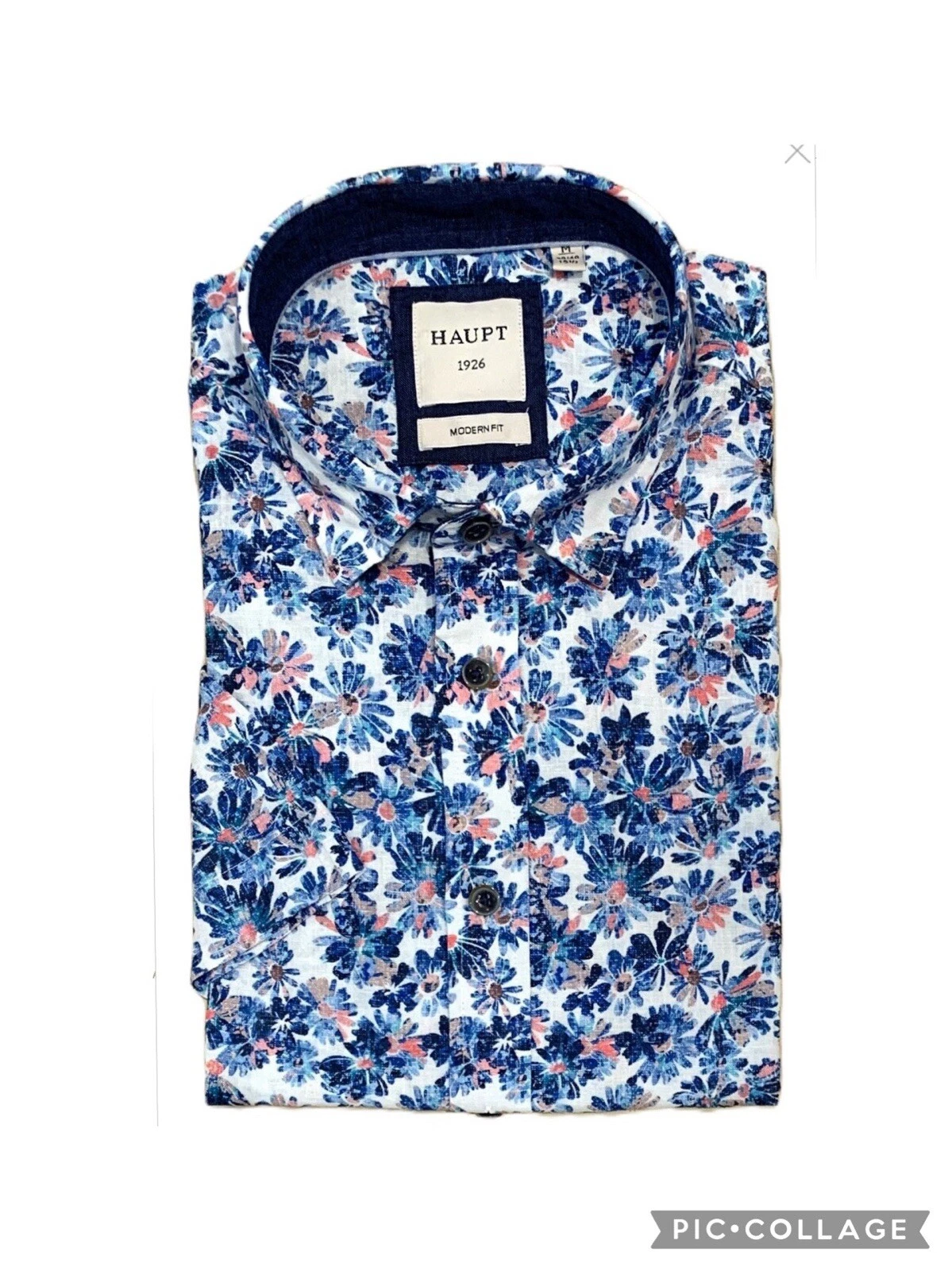HAUPT Blue Floral Short Sleeve Linen Cotton Hidden Button Down Collar Shirt M