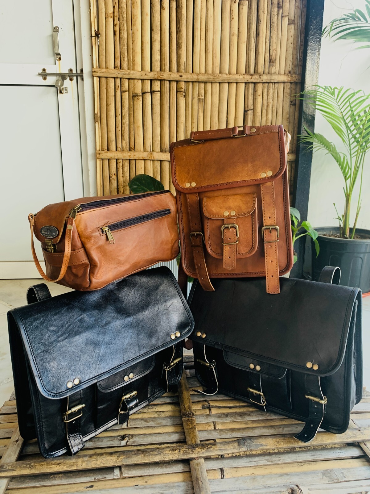 Genuine Black Goat Leather Motorcycle Messenger Satchel Complete Set