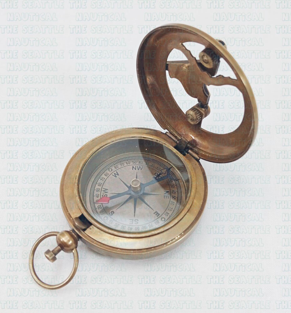 Antique Brass Sundial Compass Ross London Push Button Compass