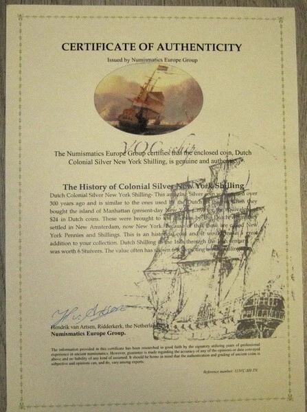 Certificate of Authenticity Silver 1678 Colonial New York Ship Shilling 3 masted - Image 4 of 4