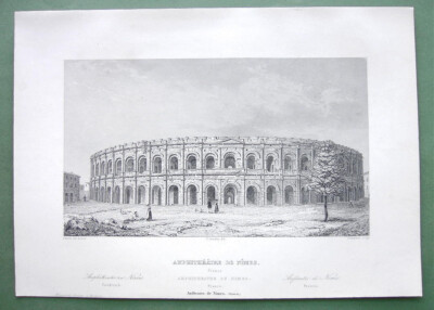 NIMES Roman Amphitheater Exterior View Elevation - 1850 Antique Print