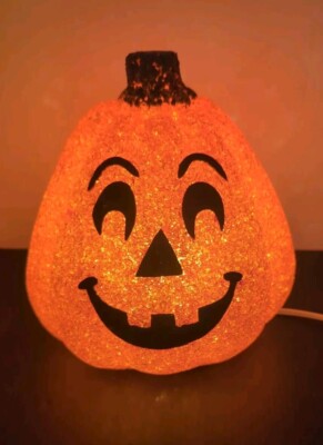 Vintage HALLOWEEN  Melted Plastic Orange  Pumpkin Lights Up 7 1/2'' Tall