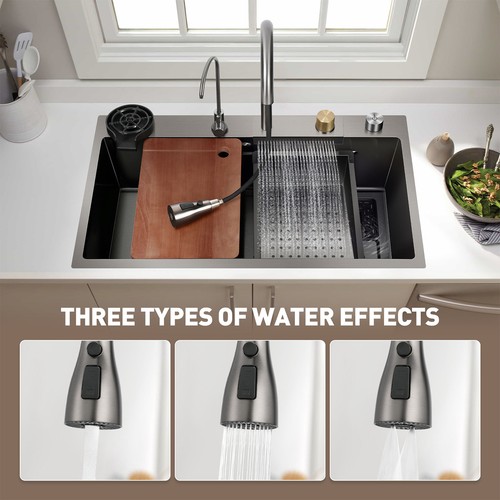 Grey Stainless Steel Drop In Kitchen Sink Set Large Bowl Inset Waterfall Tap UK - Picture 4 of 8