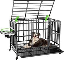43" Heavy Duty Dog Crate Unique Air Lift Rod/Wheels/ 360   Adjustable 2 Bowls