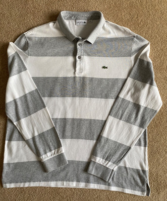 LACOSTE REG FIT GRAU/WEISS SCHEUNENSTREIFEN LANGARM RUGBY SHIRT FR 7 2XL XXL