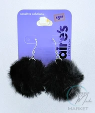 New Claire’s Black Fluffy Pom Pom Earrings Soft Fuzzy Dangle Jewelry Sensitive 