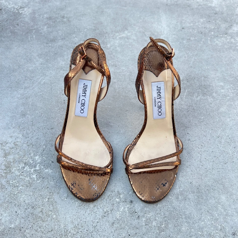 Jimmy Choo | Autêntico Ouro Bronze Couro de Píton Tiras Slingback Stiletto (37) - Imagem 2 de 4