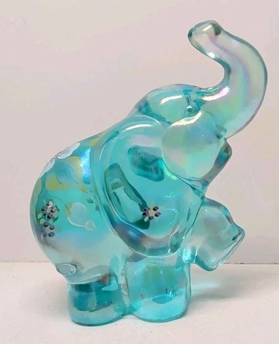 Fenton Art Glass Hand Painted Elephant Figurine Blue Topaz Iridized Glass Floral
