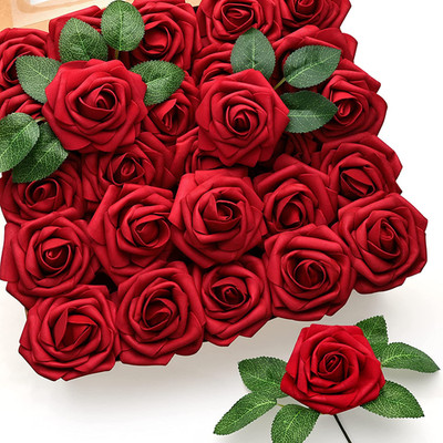 50 Pcs Artificial Flowers Red Roses Bulk, Real Looking Fake Foam Roses with Stem