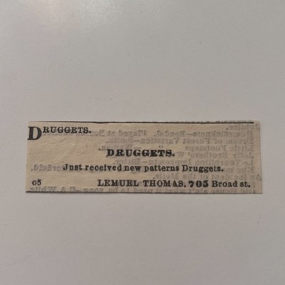 Druggets New Patterns 705 Broad St Lemuel Thomas 1872 NJ Clipping TAJ7-S12